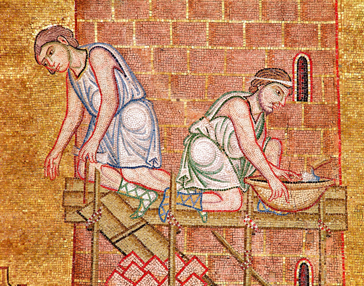 Babelstårnet, fra Atrium, detalje af to bygherrer (mosaik) af Byzantine School