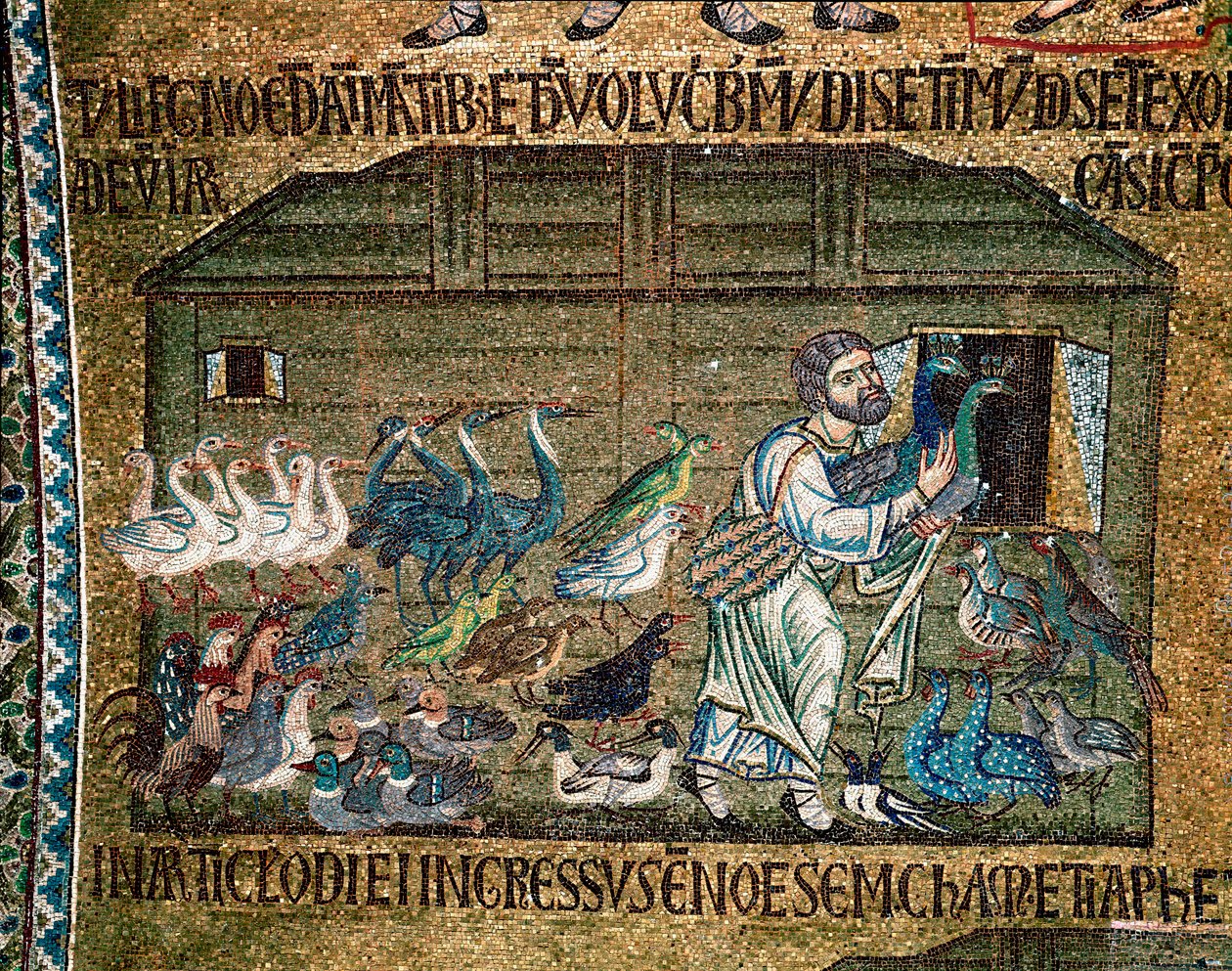 Byzantinsk arkitektur: "" Noe bringer dyrene ind i arken før syndfloden"""" mosaik lavet af venetianske kunstnere 13. århundredes Basilica di San Marco (Basilica di San Marco), Venedig af Veneto Byzantine School