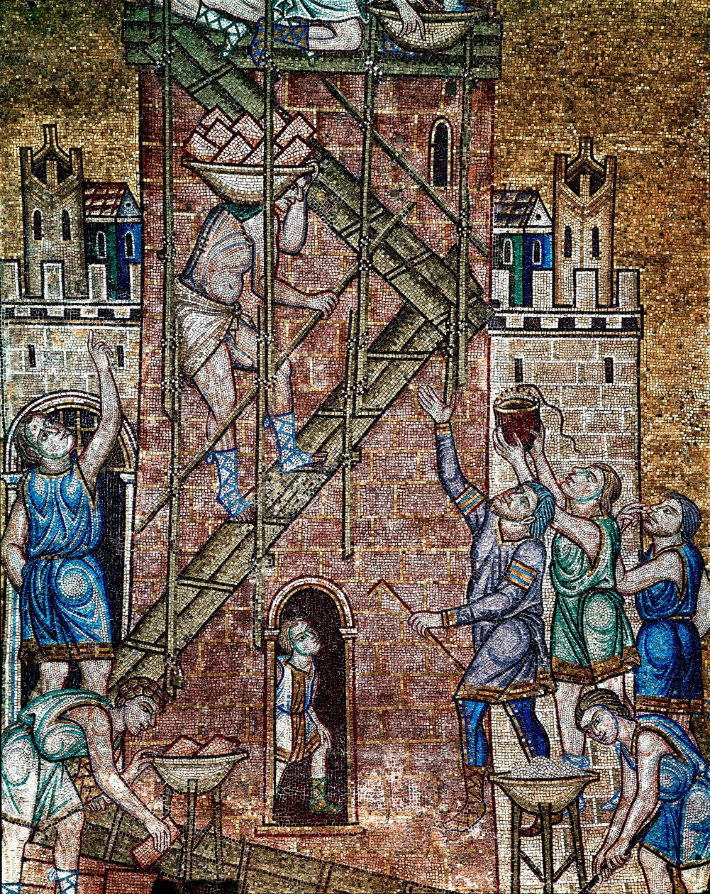 Byzantinsk arkitektur: "" konstruktionen af Babelstårnet""" På stedet lægger arbejdernes maconer, monteret på stilladser, tårnets sten. Mosaik lavet af venetianske kunstnere Basilica di San Marco fra det 13. århundrede (St. Markus basilika), Venedig af Veneto Byzantine School