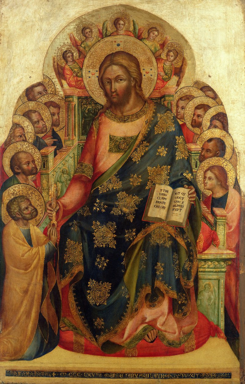 Kristus på tronen med hellige og engle, der overrækker nøglen til St. Peter af Lorenzo Veneziano