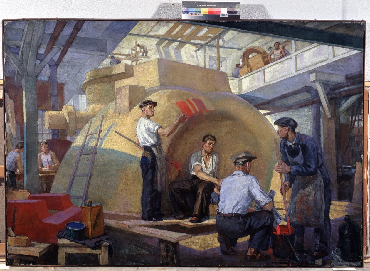 Eksemplarisk konstruktion (Modelkonstruktion). Maleri af Veniamin Pavlovich Belkin (1884-1951), olie på lærred, ca. 1930. Russisk kunst, 20. århundrede. Sovjetisk propaganda. Regionalt M.Vrubel kunstmuseum, Omsk (Rusland) af Veniamin Pavlovich Belkin