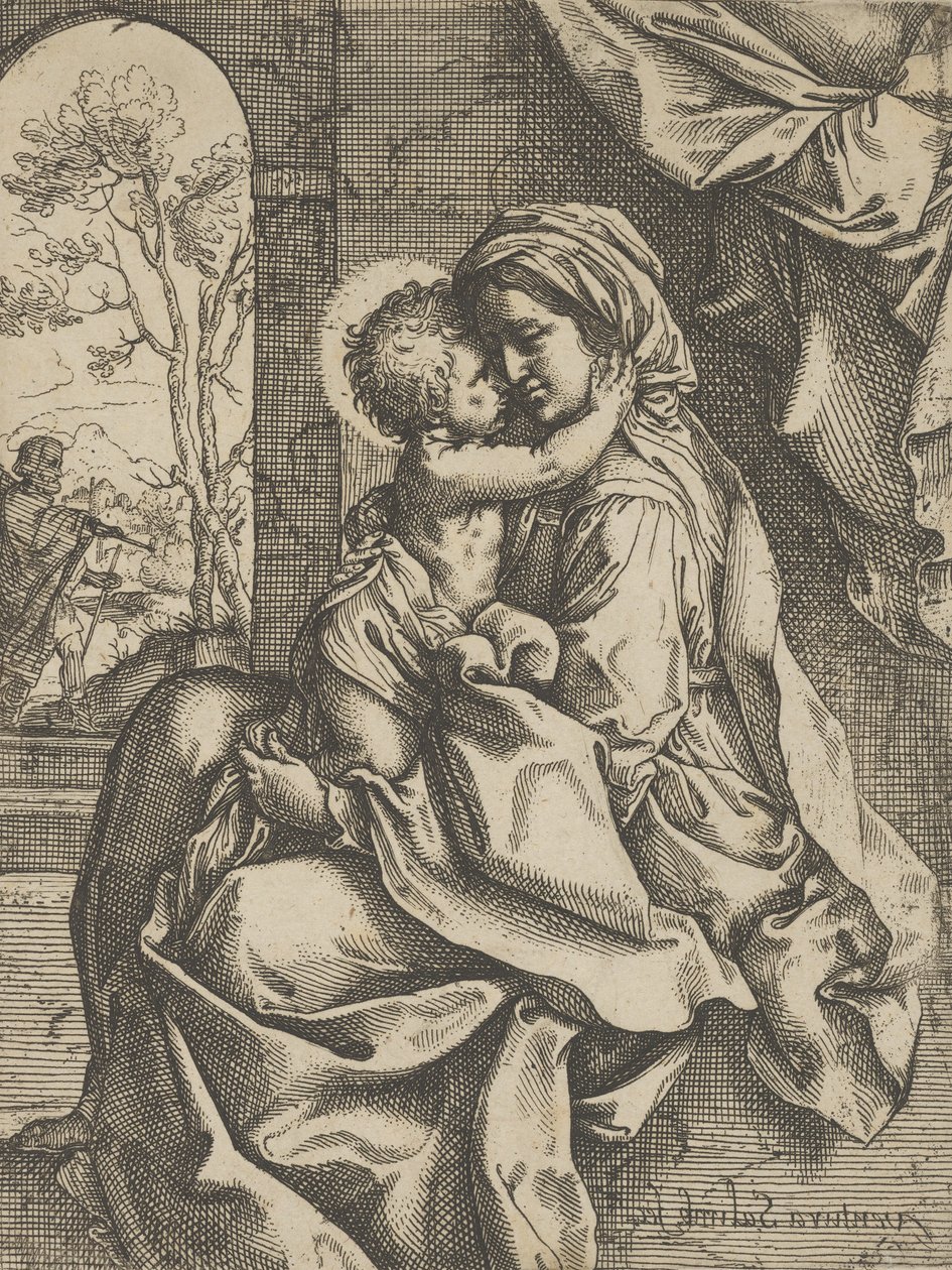 Jomfruen sad med Kristusbarnet på skødet og omfavnede hende, Joseph så..., ca. 1600-1613. af Ventura Salimbeni