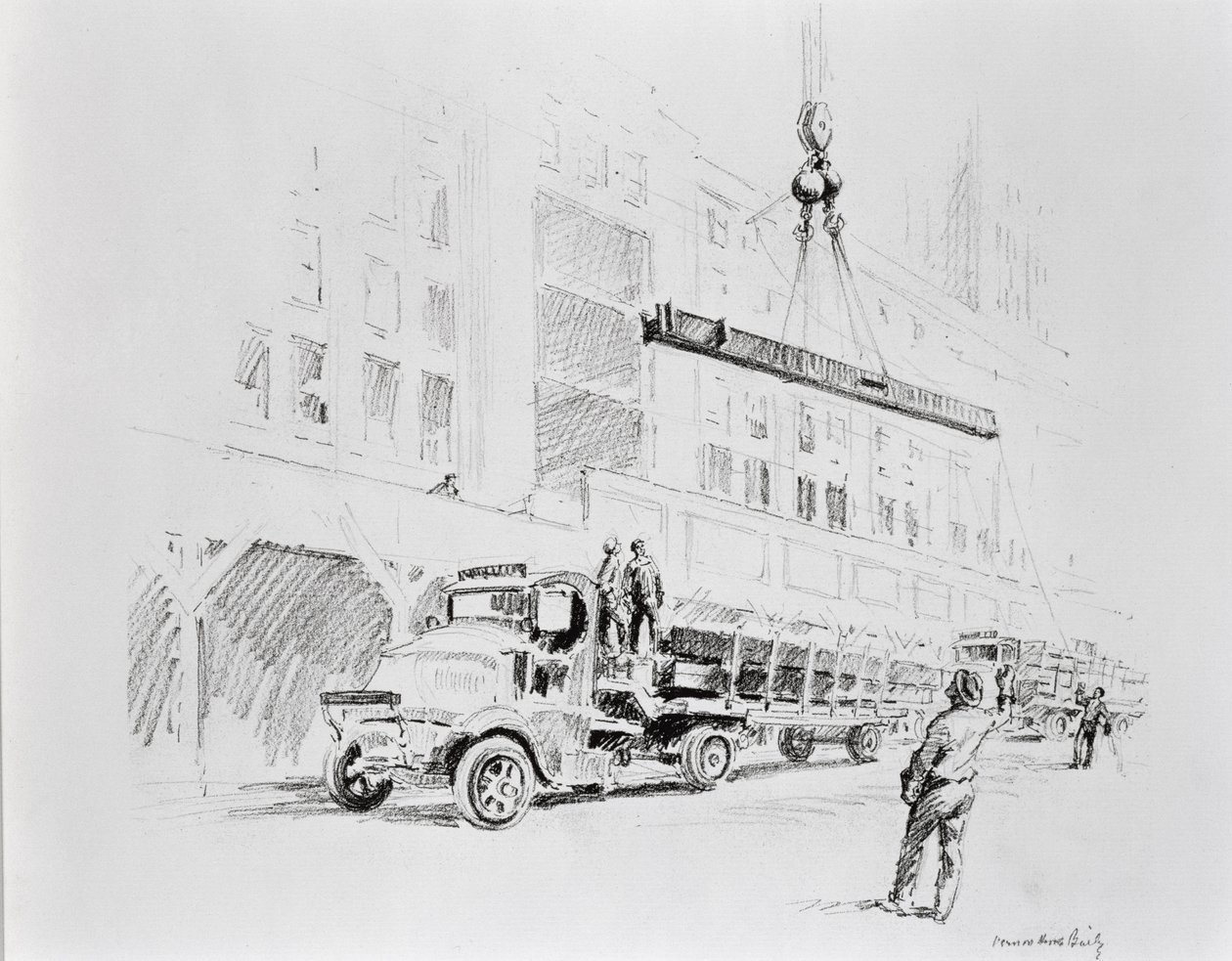 Stålbjælke bliver hejst op fra lastbilen for at blive brugt i konstruktionen af Empire State Building, udgivet af William Edwin Rudge af Vernon Howe Bailey
