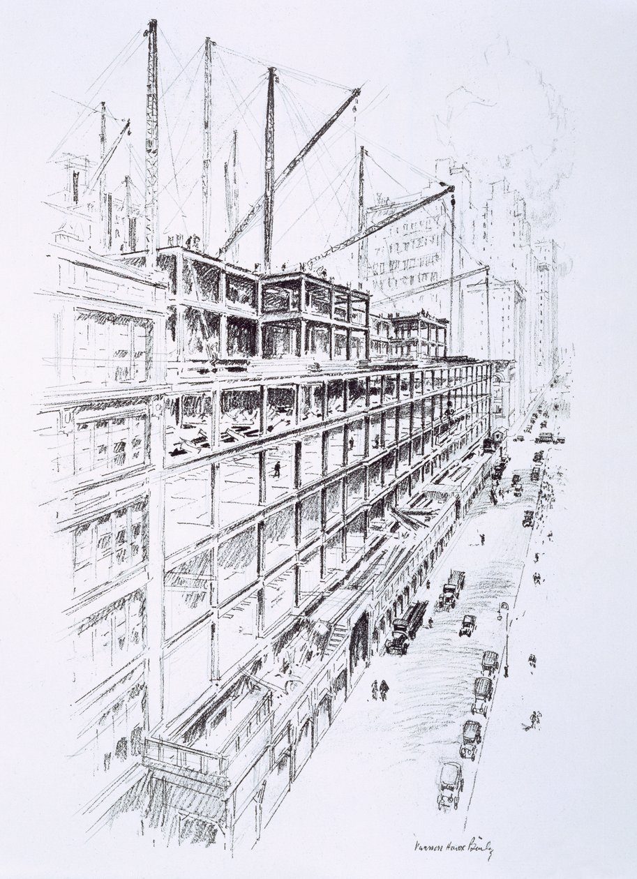 Udsigt til kranerne på 8. etage af Empire State Building, maj 1930, udgivet af William Edwin Rudge af Vernon Howe Bailey