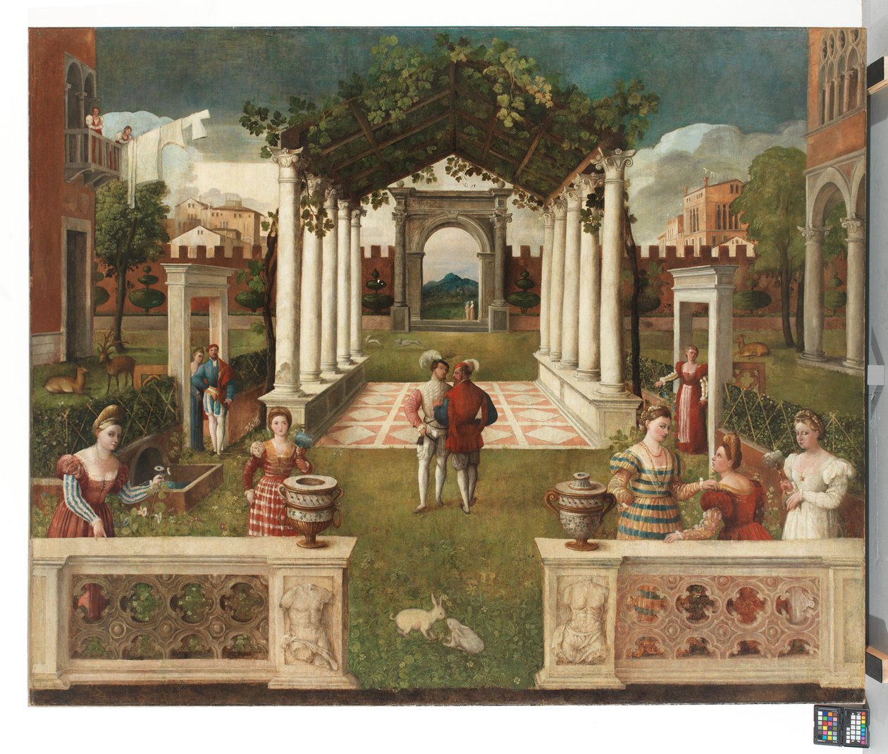 Klassinen arkkitehtoninen puutarha eleganteilla hahmoilla, vuoristoinen maisema takana, n. 1530 (öljy kankaalle) af Veronese School