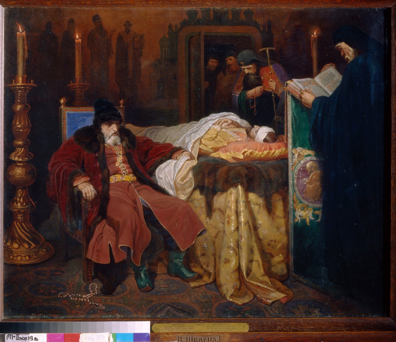 Ivan IV sagde Den Forfærdelige (1530-1584) og hans søn Ivan (1554-1581), fredag ​​den 16. november 1581. (Ivan Den Forfærdelige Og Hans Søn Ivan Fredag ​​den 16. november af Viatcheslav Grigorievitch Schwarz