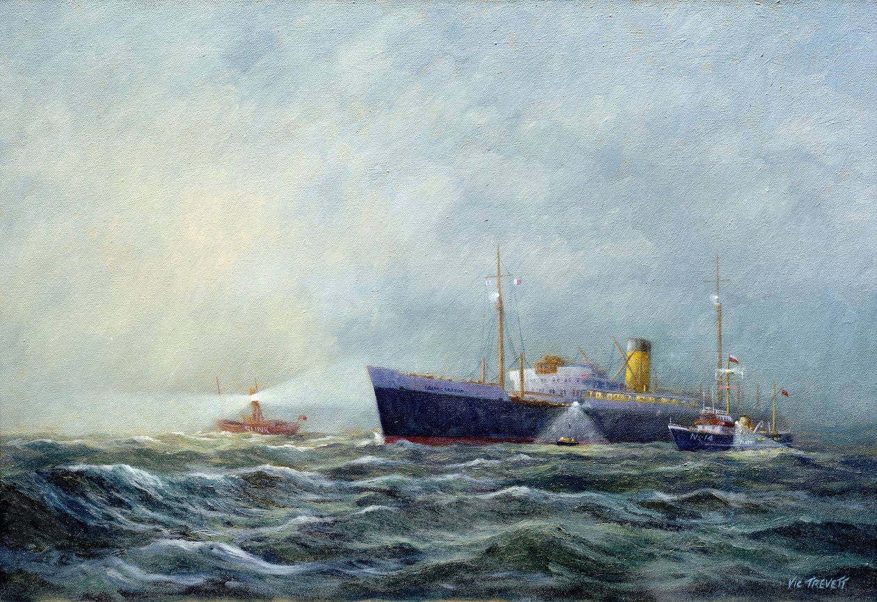 En pathfinder (tosædet motorbåd), der forlader et passagerfly foran fyrbåden (lighthouse boat) ud for Harwich (England). Olie på lærred af Vic Trevett () af Vic Trevett