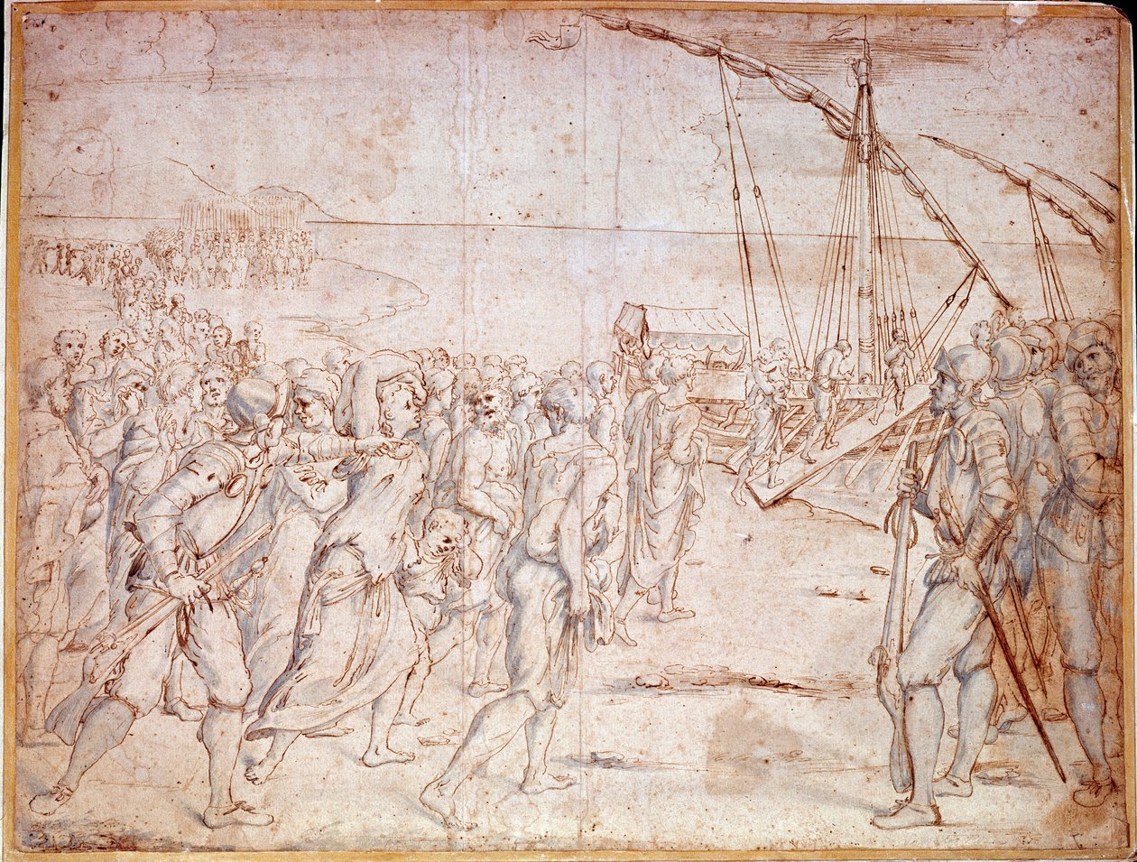 Deportation af moriskerne fra Spanien (muslimer i Spanien tvangskonverteret til katolicisme) efter Filip III af Spaniens underskrivelse af en traktat den 22/09/1609. Tegning af Vincencio Carducho (1576-1638) af Vicente Carducho