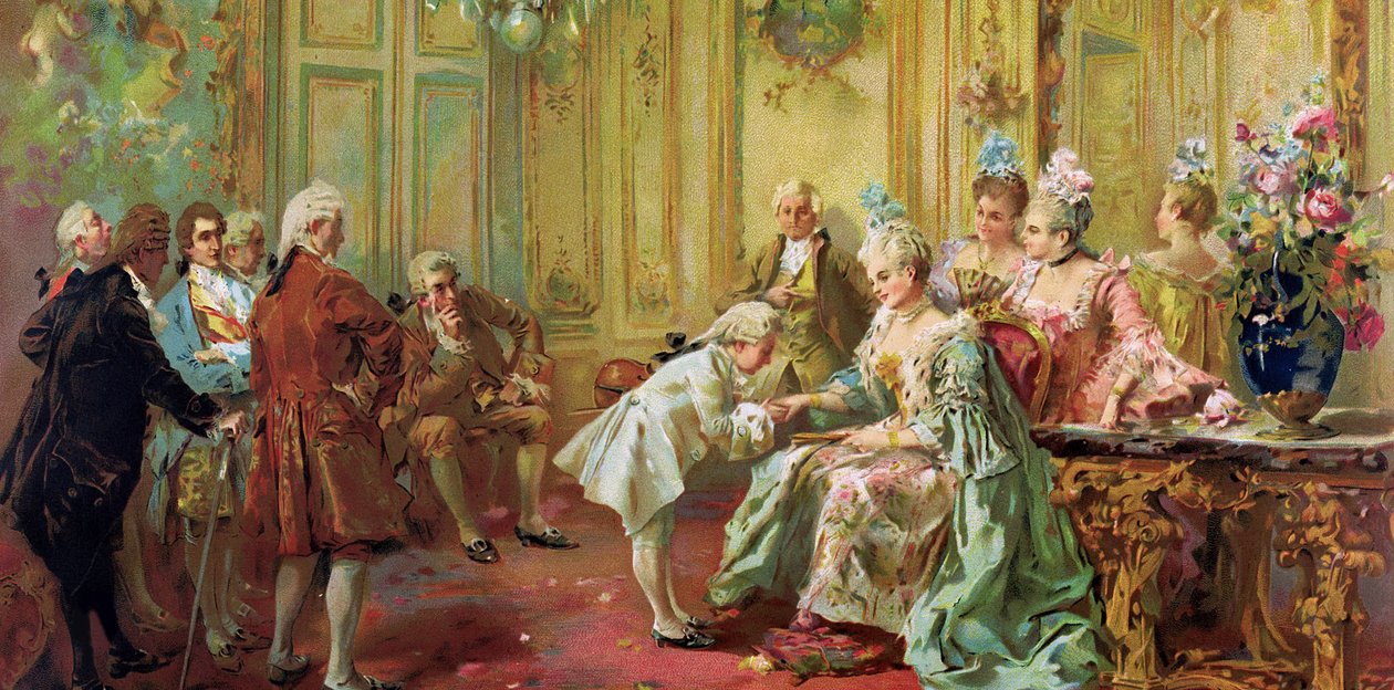 Wolfang Amadeus Mozart (1756-1791) hos Madame (Marquise) de Pompadour (Mozarts familie, under den europæiske turné) (1763-1766) - Akademisk kunst: Præsentationen af ​​den unge Mozart til Madame de Pompadour i Versailles i 1763 af Paredes, Vicente Gar af Vicente Garcia de Parades