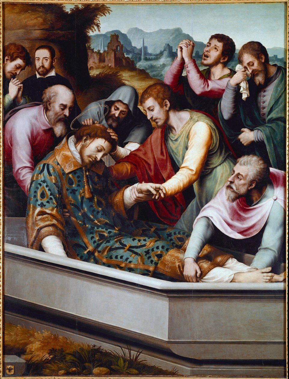 The Tomb of St. Stephen, Christian Martyr (olie på lærred af Vicente Juan (c.1510 79) Macip