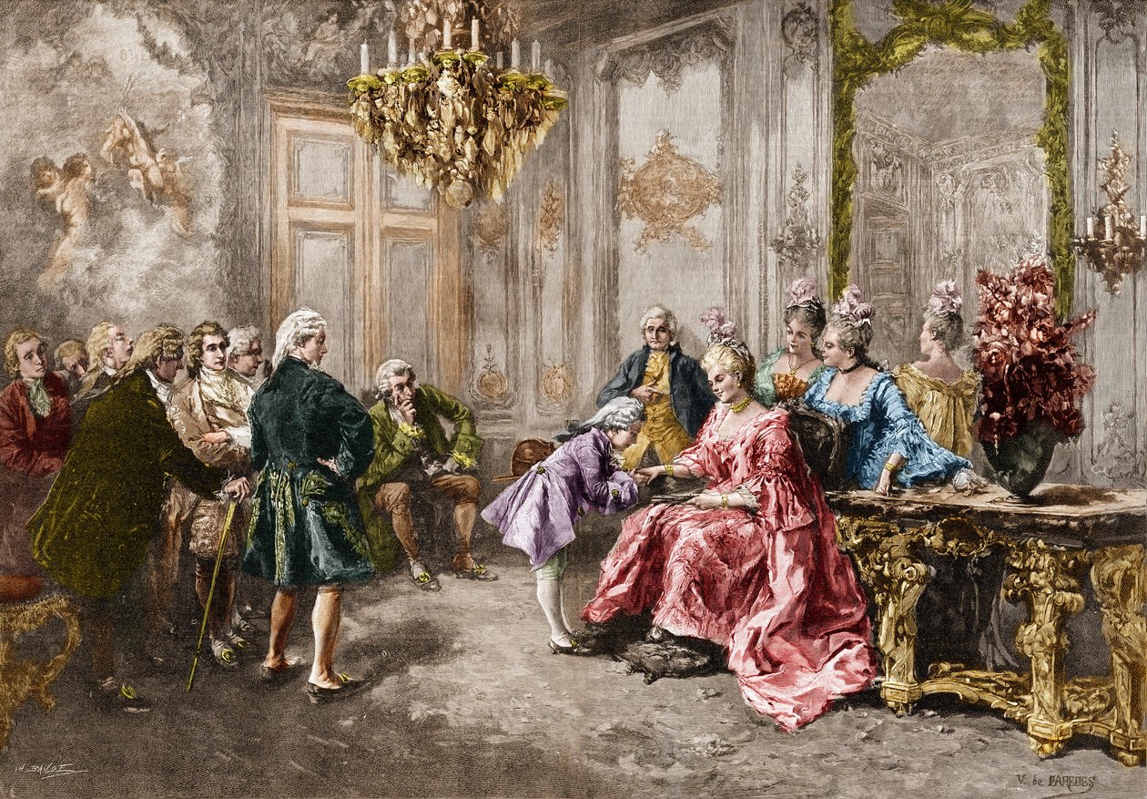 Wolfgang Amadeus Mozart (1756-1791) hos Madame (Marquise) de Pompadour (Mozarts familie under turnéen i Europa) (1763-1766). Gravering efter maleriet af M. V. de Paredes. af Vicente de (after) Paredes