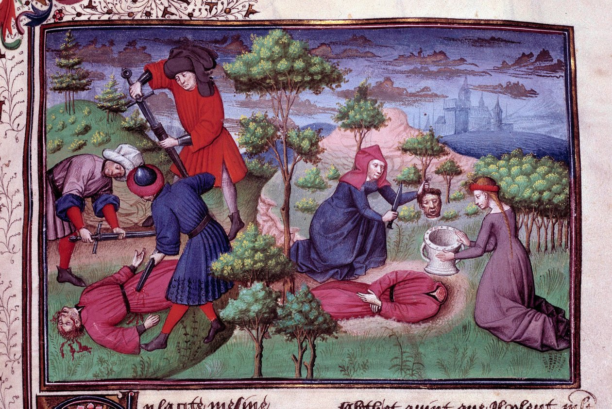 Mordscene på to mænd, hvis mordere skar hovedet af. Side af et manuskript på fransk af "Decameron"" af Giovanni Boccaccio dit Jean Boccace (1313-1375), italiensk forfatter, oplyst af Mesteren af Mansel. 1450. Paris, Arsenals bibliotek af Vicente de Paredes