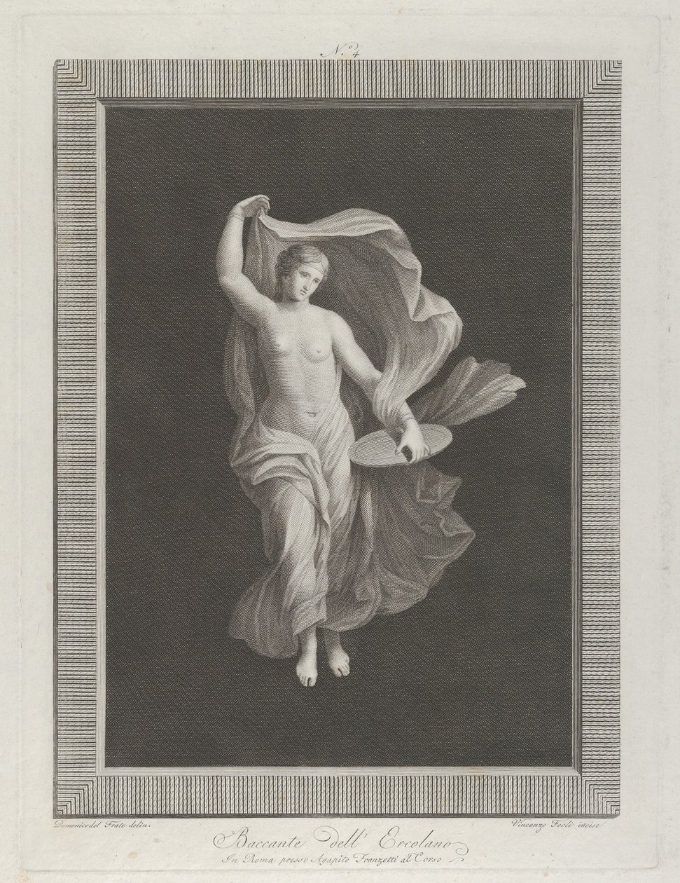 En delvis nøgen bacchante, der holder en disk i venstre hånd og løfter sit tøj ..., ca. 1795-1820 af Vicenzo Feoli