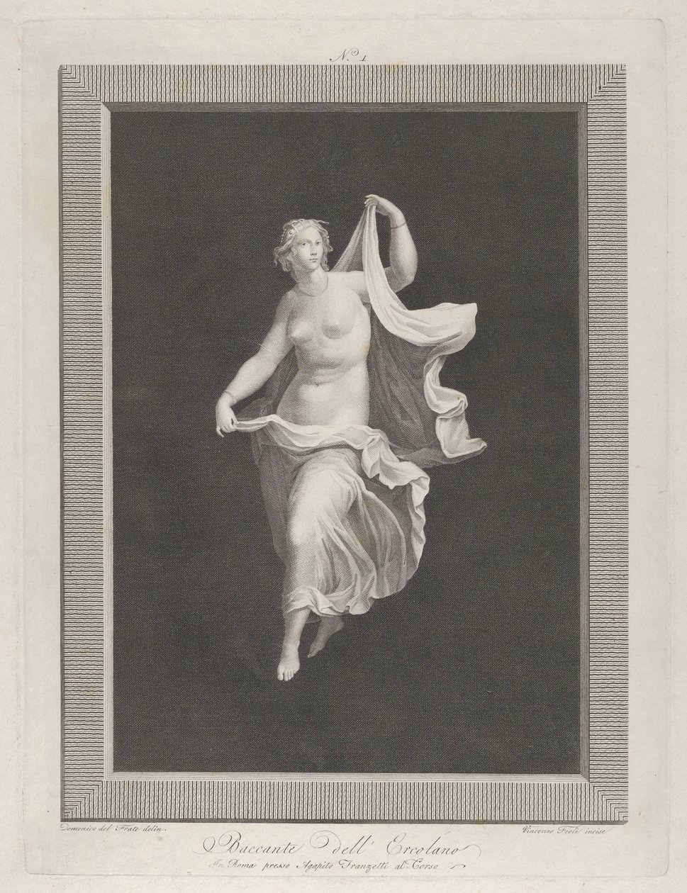 En delvis nøgen bacchante træder frem og holder enderne af sit draperi i hver ..., ca. 1795-1820 af Vicenzo Feoli