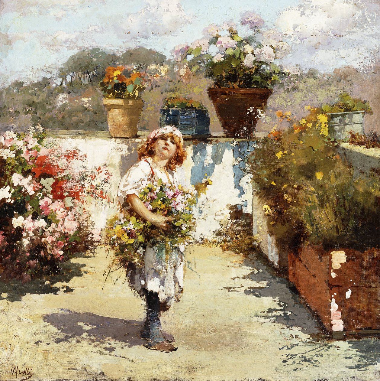 En ung pige samler blomster i solskin af Vicenzo Irolli