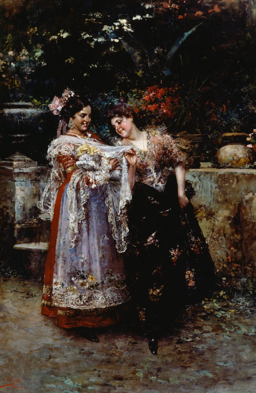 Smuk blonde (To kvinder med nyfødt baby), af Vincenzo Irolli (1860-1949), olie på lærred af Vicenzo Irolli