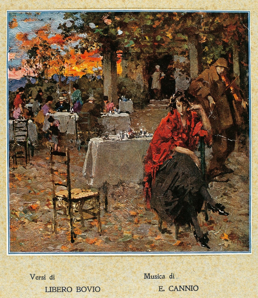 Udendørs restaurant, illustration til en samling af napolitanske sange. Italien, 20. århundrede. (illustration) af Vicenzo Irolli