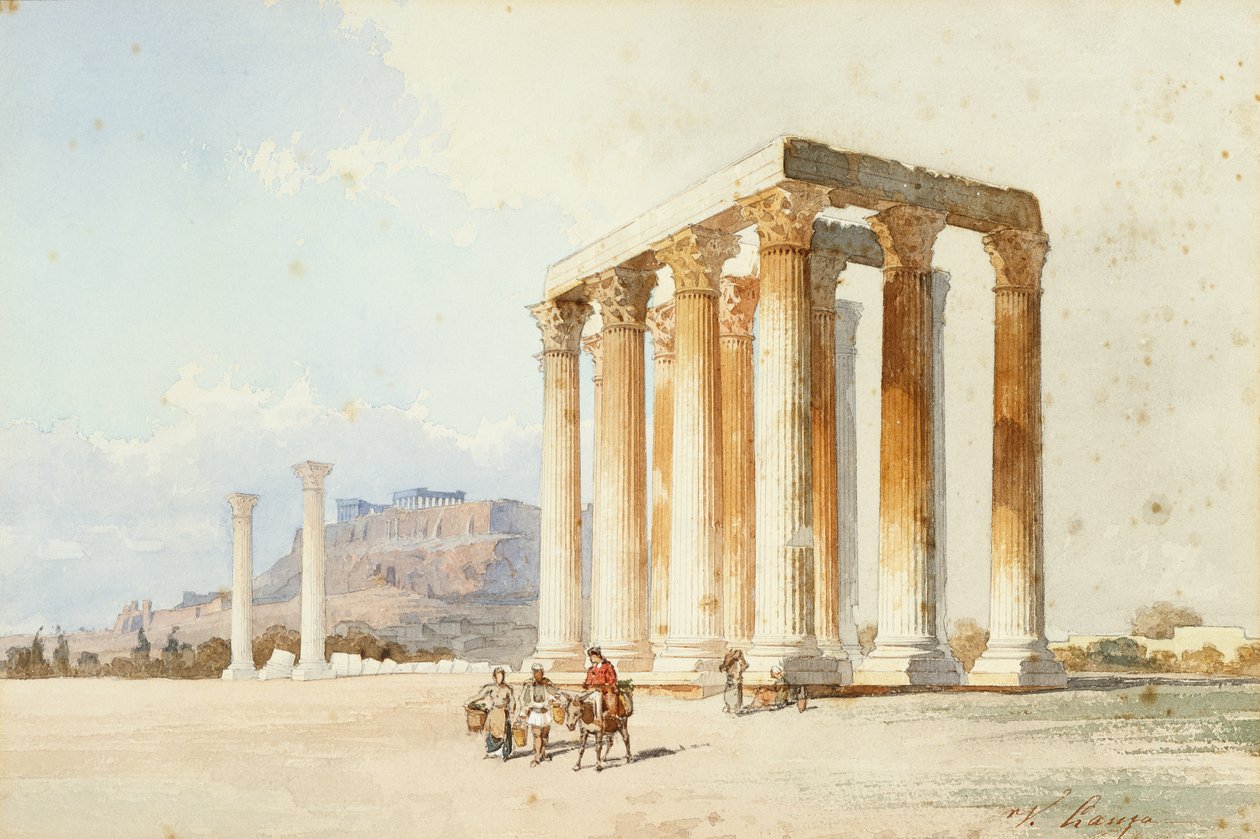 Zeus tempel med Akropolis, Parthenon, Athen (akvarel og kropsfarve) af Vicenzo Lanza