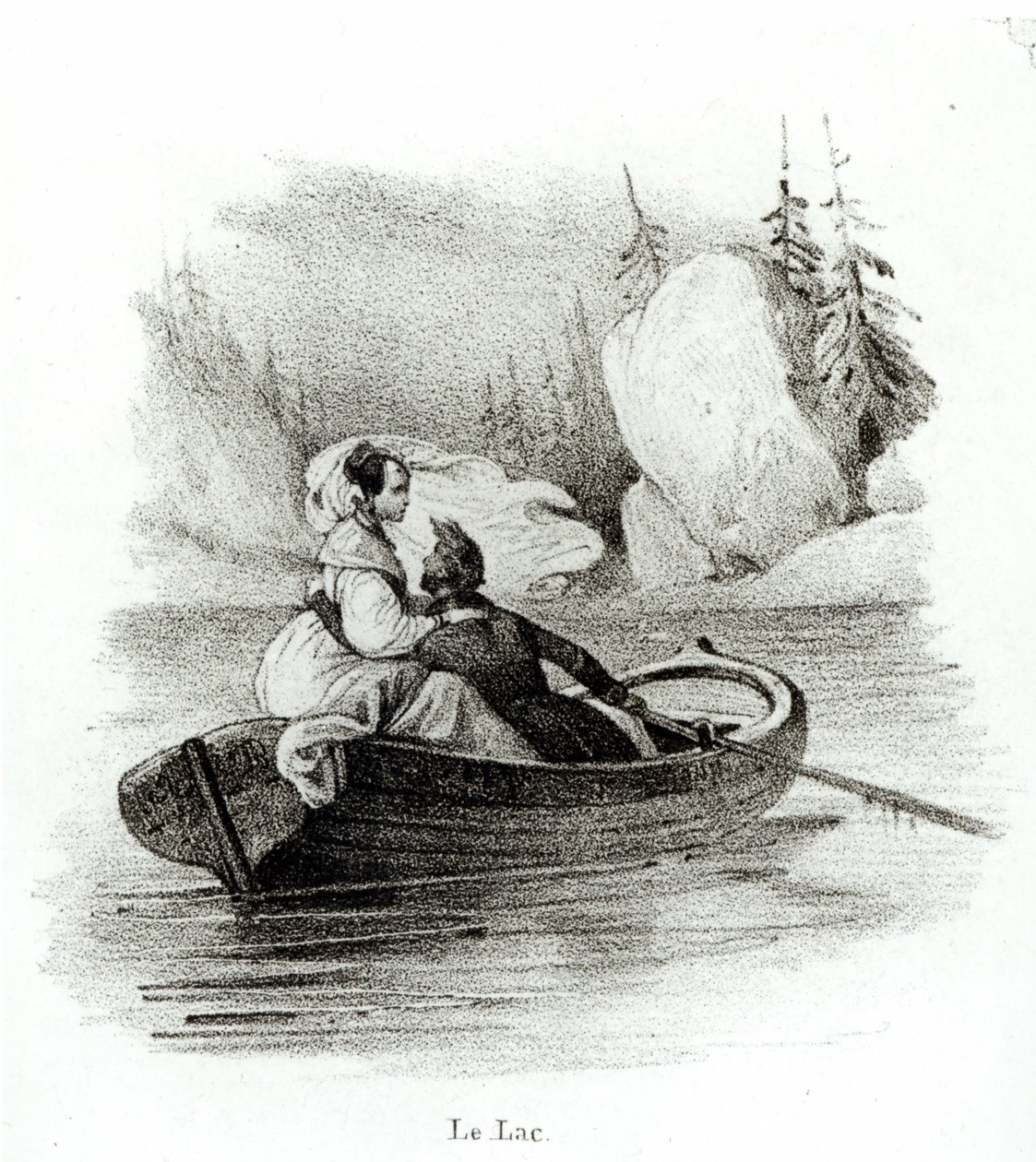 Alphonse de Lamartine (1790-1869) og Elvire ved søen ved Bourget, graveret af Alfred Lemercier af Victor Adam