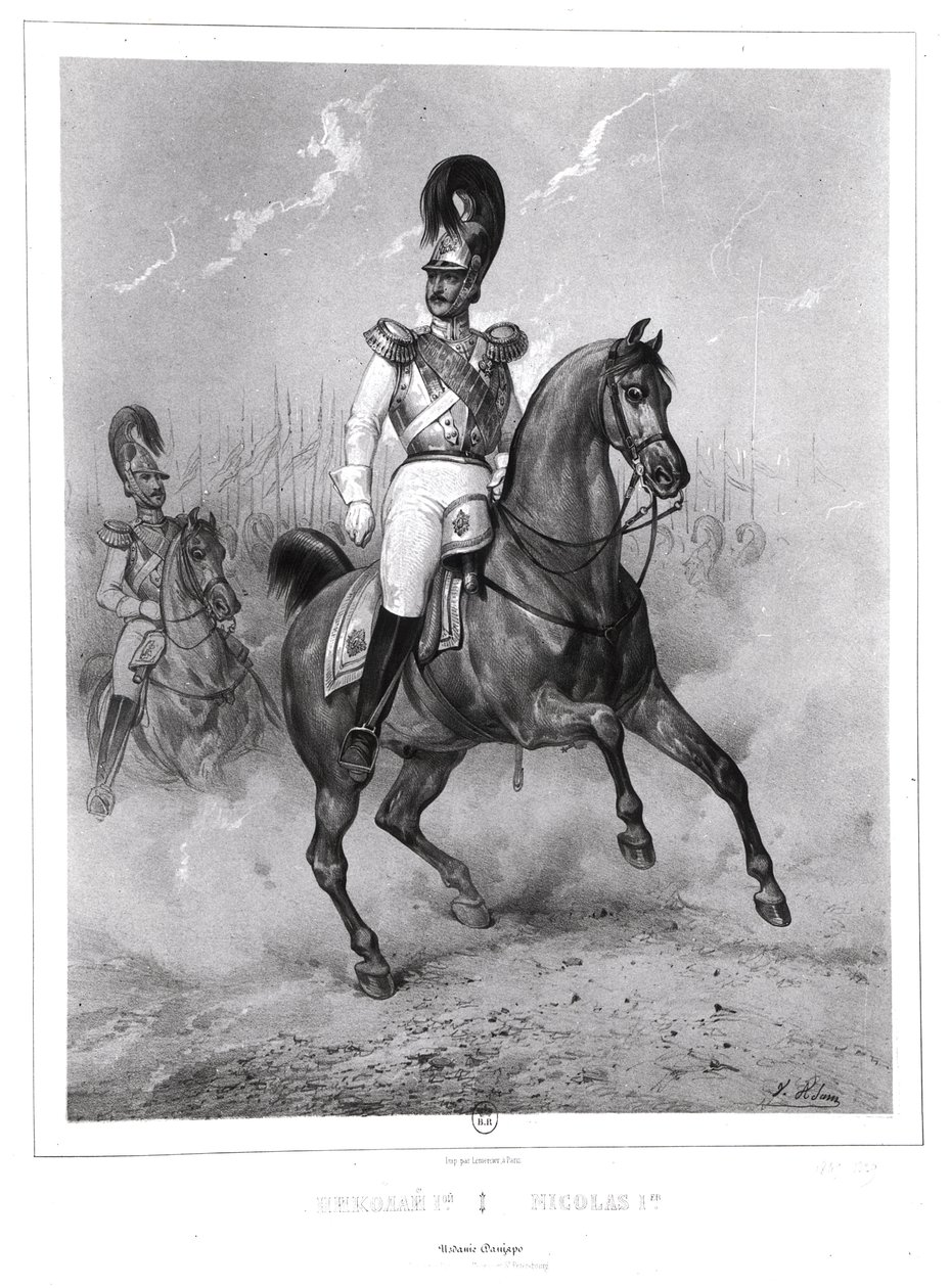 Portræt af Nicholas I Pavlovich (1796-1855) til hest med sin hær af Victor Adam