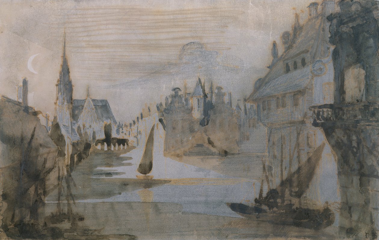En havn i Flandern (pen & blæk, blyant og vask på papir) af Victor Hugo