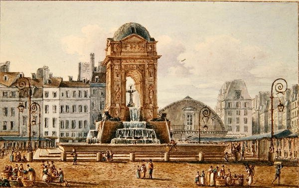 Udsigt over stedet og springvandet i Marche des Innocents, Paris, ca. 1810 (wc på papir) af Victor Jean Nicolle