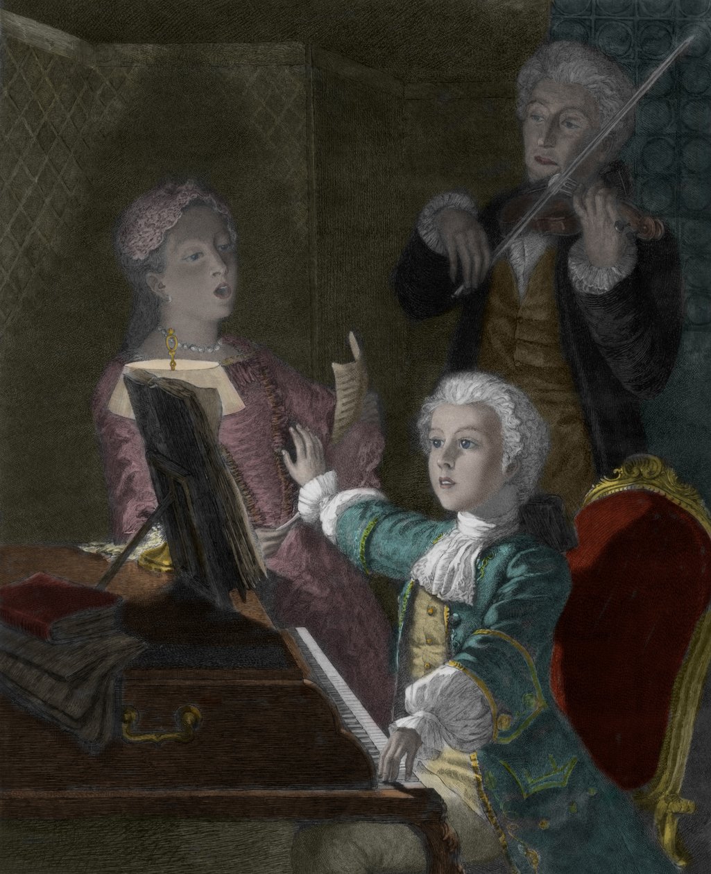 Wolfgang Amadeus Mozart med sin far, Leopold og søster, Marie-Anne af Victor Louis Focillon