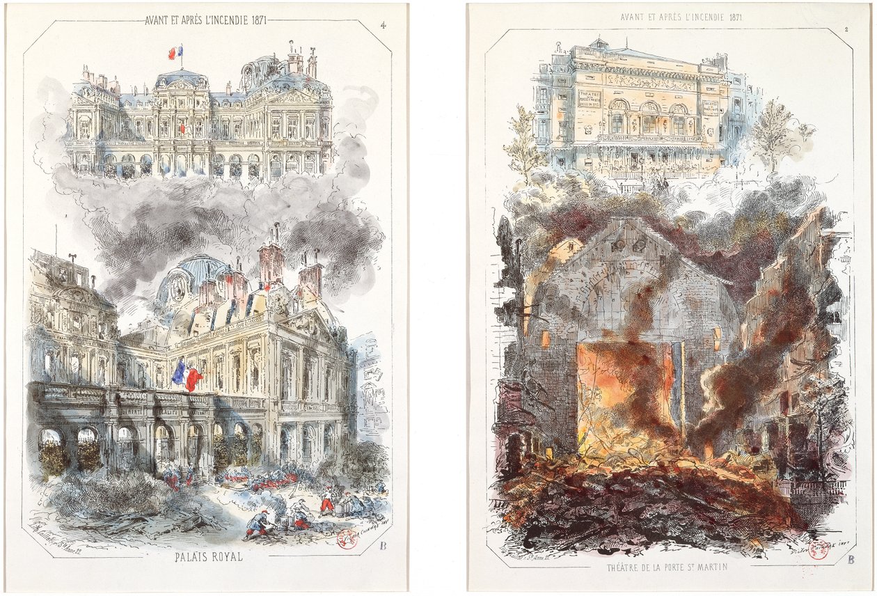 Palais Royal og Theatre de la Porte Saint-Martin før og efter branden i 1871 af Victor after Coindre