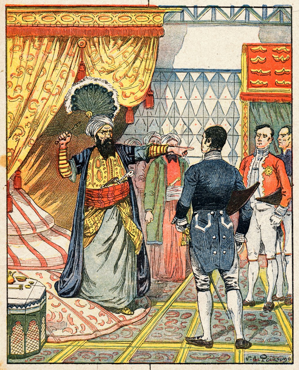 Dey of Algier, Hussein ibn El Hussein slår den franske ambassadør, M. Deval, med en fan af Victor Armand Poirson