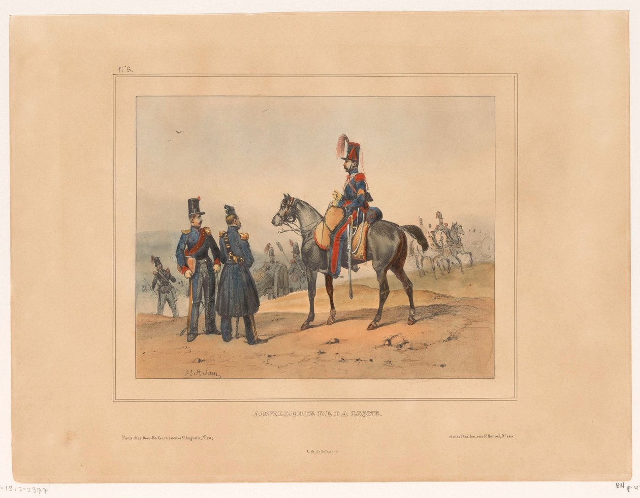 van de linie artilleri Linjeartilleri (titel på objekt) Military range en kostuums van het Franse leger i 1832 (serietitel) Samling af militærdragter, fransk hær 1832, repræsenteret i genreemner (serietitel) af Victor Adam