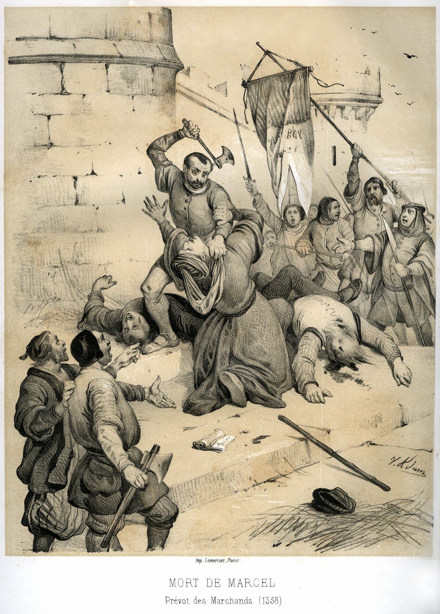 Mordet på Etienne Marcel, rig drapier og Prevot des merchants (1316-1358), begået af echevinen Jean Maillart, en af lederne af det royalistiske parti, i juli 1358. Gravering af Victor Adam (1801-1866) i bogen "France in the Middle Ages" udgivet af af Victor Adam