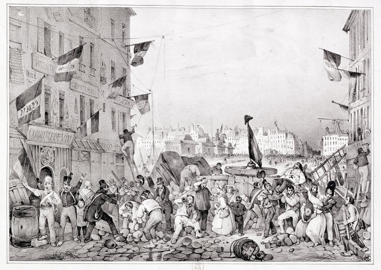 Barrikaden ved Rue Dauphine, 29. juli 1830, indgraveret af H. Delaporte af Victor Adam