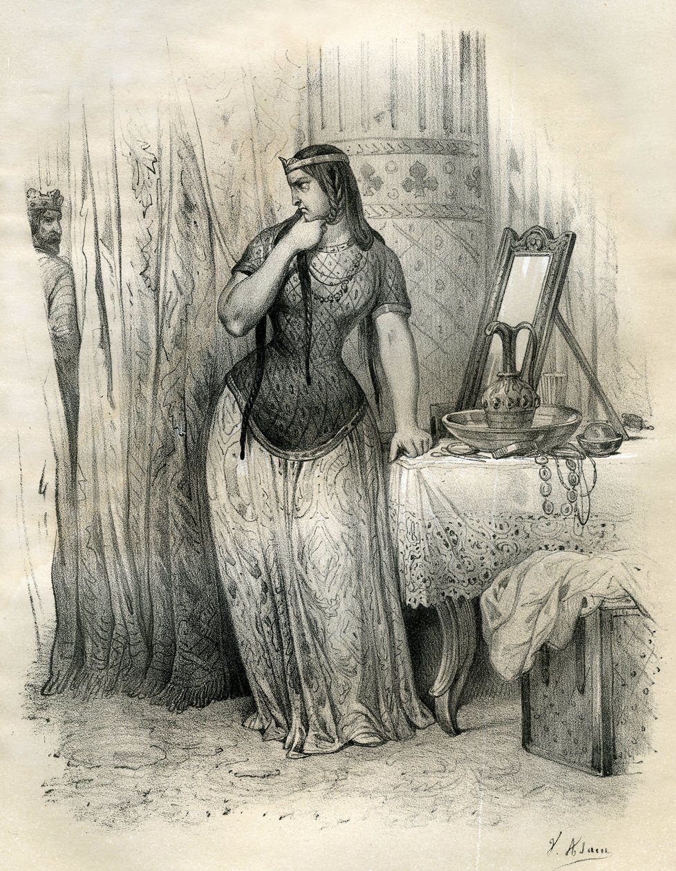 Brunehaut (eller Brunehilde, v.534-613) Dronning af Austrasien i 567, hustru til kong Sigebert (eller Sighebert). Efter hans død administrerede hun riget med energi. Hans rivalisering med Frenegonde, dronning af Neustria, hærgede deres stater. Livree til C af Victor Adam