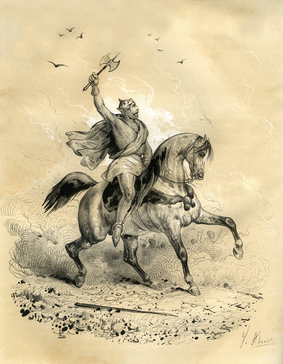 Karl Martel (688-741) vandt over de arabiske tropper i Poitiers i 732. Stik af Victor Adam (1801-1866) i bogen "France in the Middle Ages" udgivet af brødrene Ardant i midten af 1800-tallet. af Victor Adam