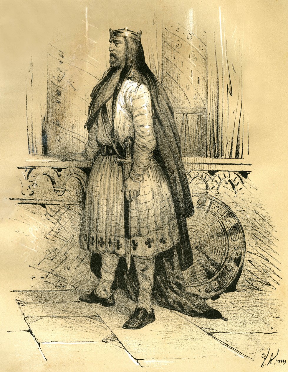 Clodion the Hair, leder af Salian Francs fra omkring 428 til sin død i 447, sandsynligvis forfader til Merovingianerne. Gravering af Victor Adam (1801-1866) i bogen "France in the Middle Ages" udgivet af Ardant-brødrene i midten af 1800-tallet. af Victor Adam