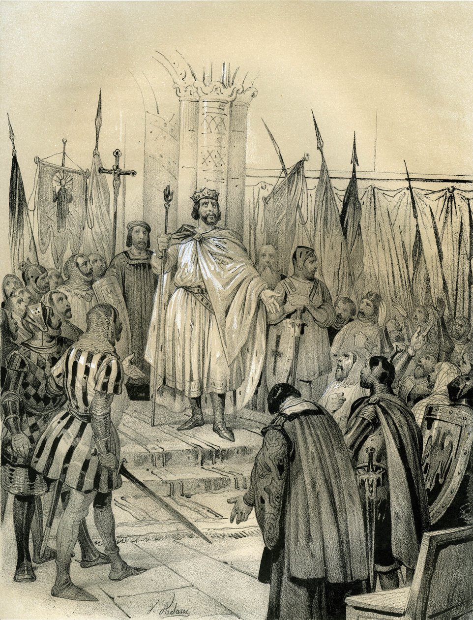 Kroning af Hugues Capet (941-996) i Noyon i 987. Denne kroning markerede begyndelsen på Capet-dynastiet, konger af Frankrig, som genvandt, i direkte eller indirekte efterfølgelse, i 8 år. Gravering af Victor Adam (1801-1866) i bogen "France in the af Victor Adam