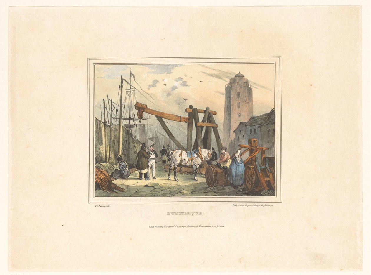 Havn i Dunkirk Dunkerque (titel på objekt) Kostumer for indbyggerne i havnebyer (serietitel) Costumes de marines, designs dans les ports (serietitel) af Victor Adam