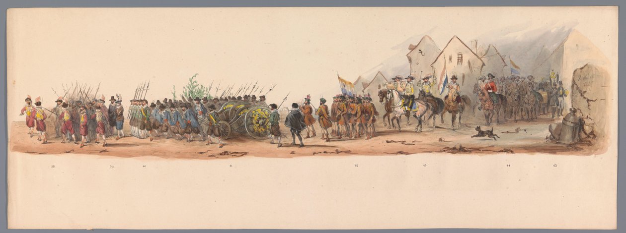 Historisk procession ved det andet århundrede for Utrecht University of Applied Sciences, 1836 (plade 10) De hollandske hæres anløb til Oostende, 3. juli 1600, dagen efter sejren ved Nieuwpoort; ifølge den udklædte præsentation, givet af H H Studen af Victor Adam
