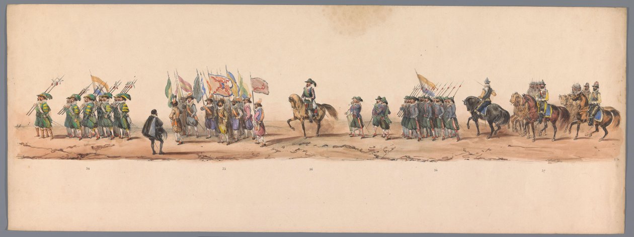 Historisk procession ved det andet hundrede år for Utrecht University of Applied Sciences, 1836 (plade 9) De hollandske hæres anløb til Oostende, 3. juli 1600, dagen efter sejren ved Nieuwpoort; ifølge den udklædte fremstilling givet af H H Student af Victor Adam