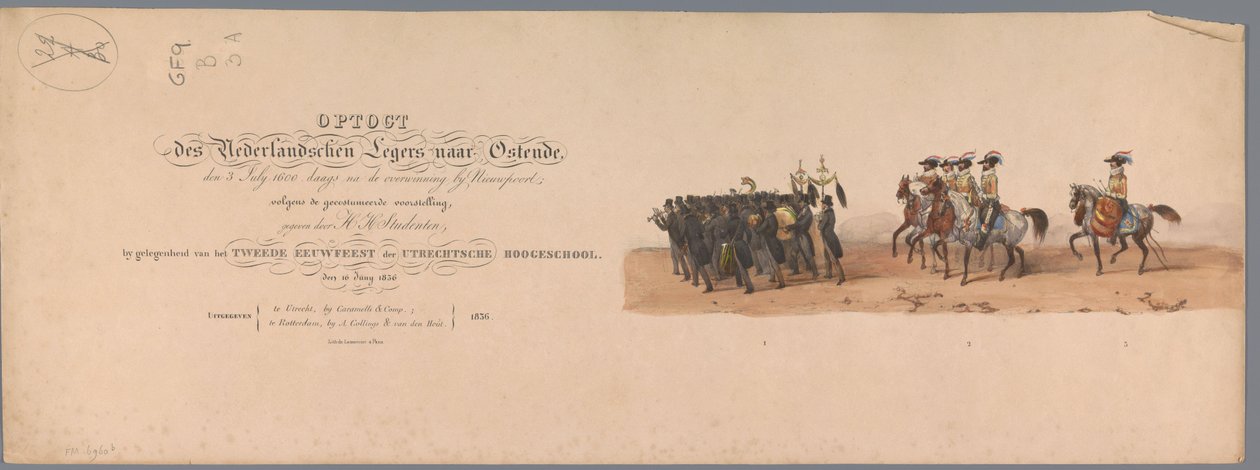 Historisk procession ved det andet hundrede år for Utrecht University of Applied Sciences, 1836 (titeltryk) De hollandske hæres anløb til Oostende, 3. juli 1600, dagen efter sejren ved Nieuwpoort; efter dragten givet af H H Stud af Victor Adam