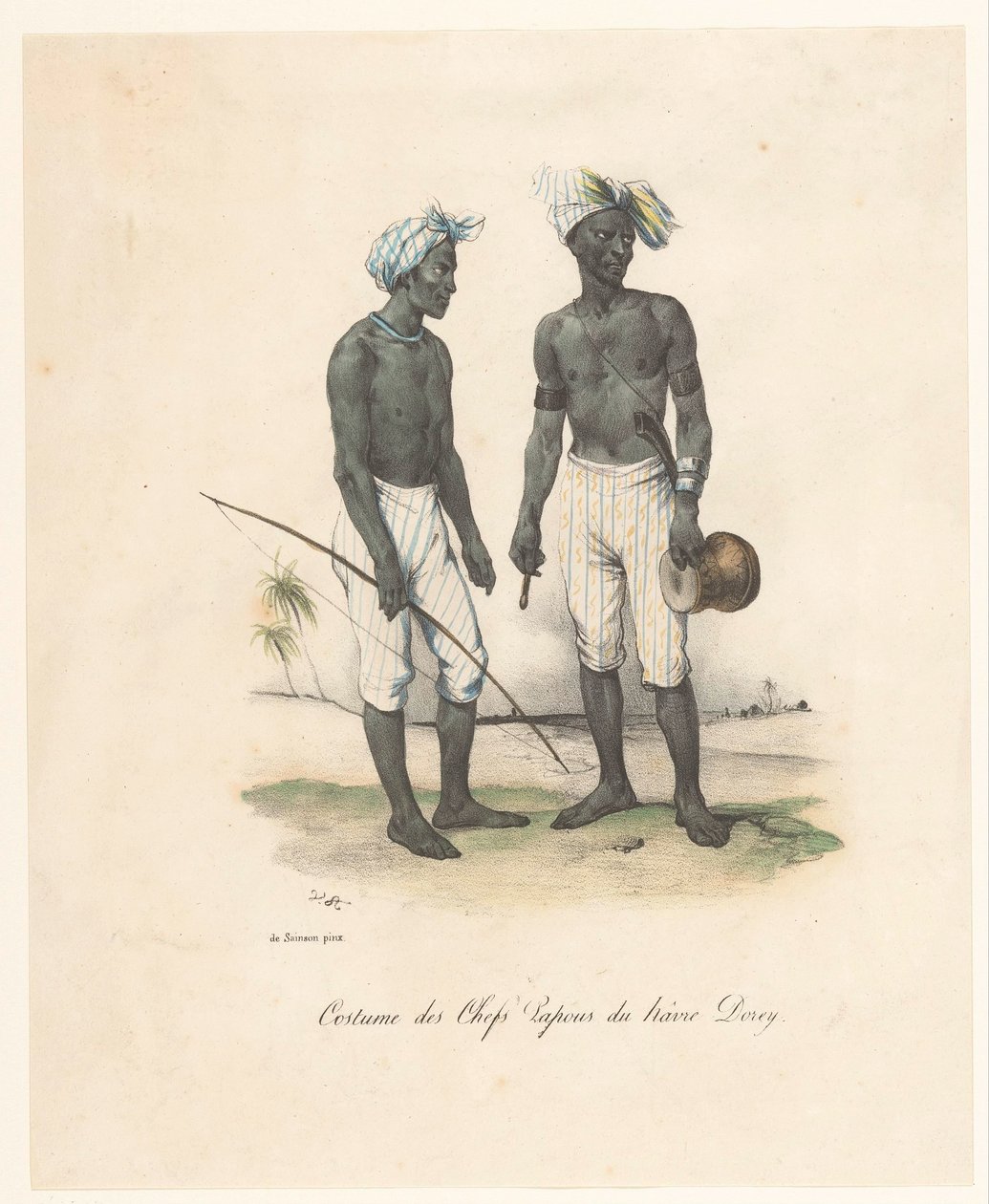 Beklædning af lederne af Havre-Dorey i Papua Ny Guinea Costume des chefs papous du hâvre Dorey (titel på objekt) Voyage of Discovery of the Astrolabe (serietitel) Voyage de découvertes de l