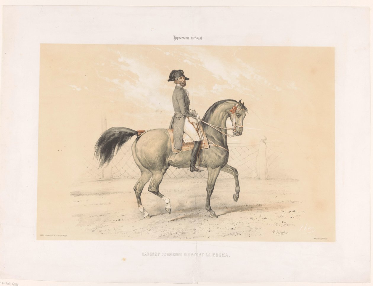 Laurent Franconi løber på sin hoppe Norma Laurent Franconi Montant La Norma. (Titel på objekt) Heste og ryttere på Horse Racing Course (serietitel) Hippodrôme National (Series Titel on Object) af Victor Adam