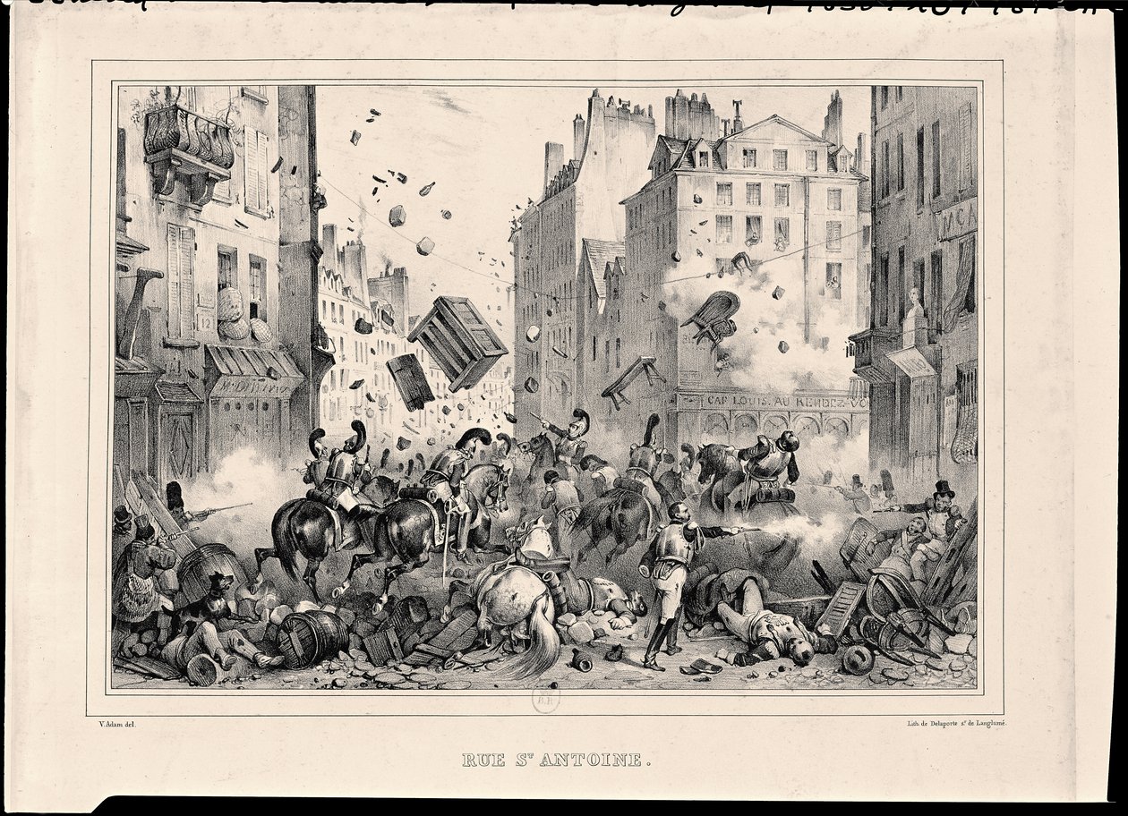 Rue Saint-Antoine i juli 1830, graveret af H. Delaporte af Victor Adam