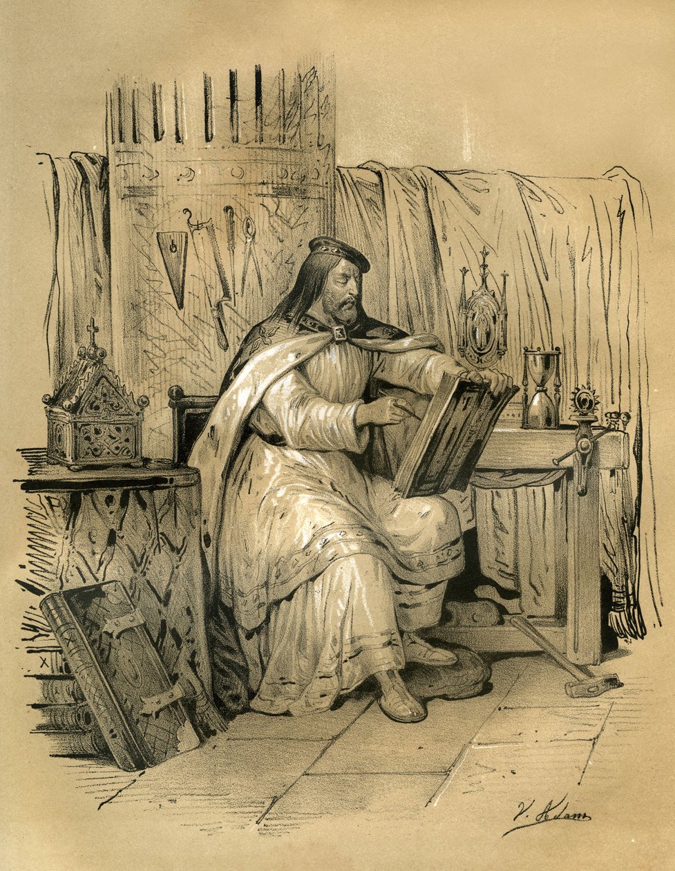 Saint Eloi (v.588-660) guldsmed og tresorier for frankernes konge Dagobert 1., derefter eveque af Noyon fra 641 til sin død. Gravering af Victor Adam (1801-1866) i bogen "France in the Middle Ages" udgivet af Ardant-brødrene i midten af 1800-tallet. af Victor Adam