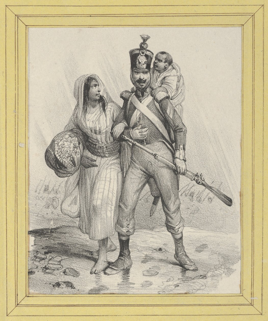 Soldat mit einer Frau am Arm und einem Kind auf dem Rücken af Victor Adam