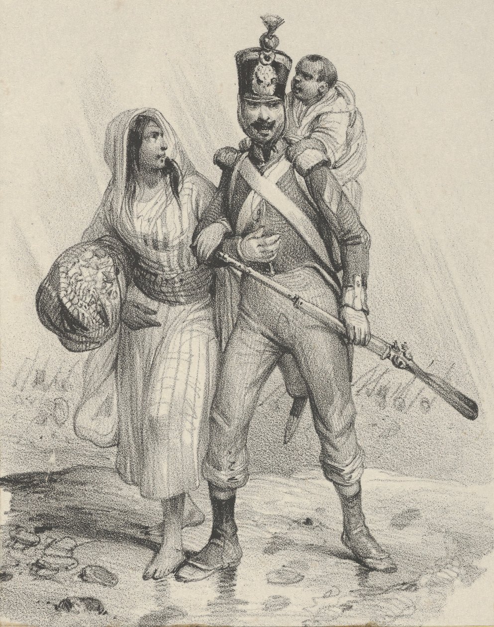 Soldat med en kvinde på armen og et barn på ryggen, midten af 1800-tallet.. af Victor Adam
