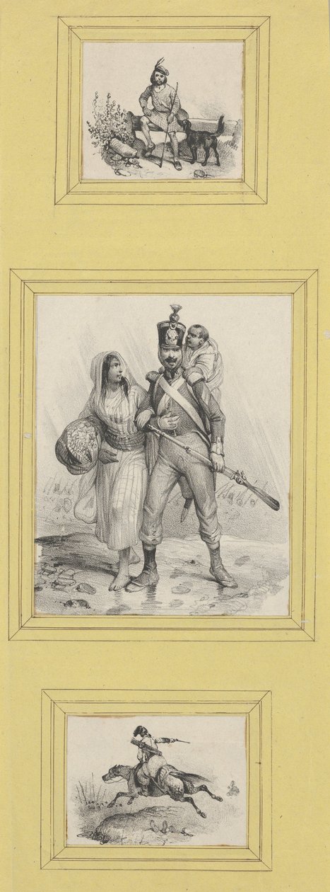 Soldaten und ein Highlander (3 Drucke unterschiedlicher Größe auf ein gelbes Blatt geklebt) af Victor Adam