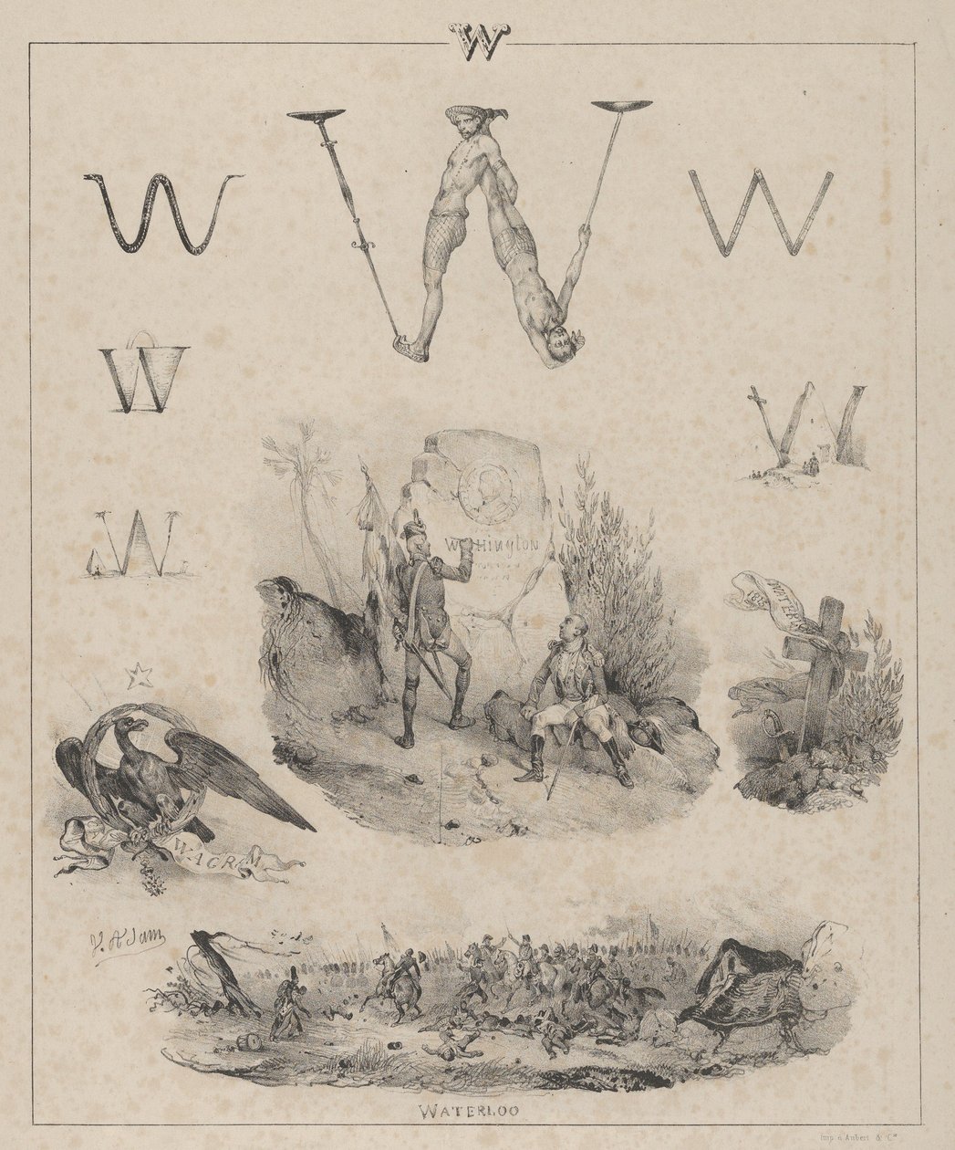 Bogstavet W: Washington, Wagram, Waterloo, 1833. af Victor Adam
