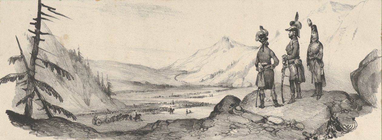 Tre soldater i et landskab, midten af 1800-tallet. af Victor Adam