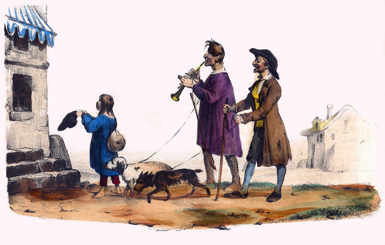 To blinde ledet af hunde og et tiggerbarn. I "" Album Grotesque, Choices of Outstanding Types", illustrationer af Victor Adam, Paris, omkring 1850. af Victor Adam